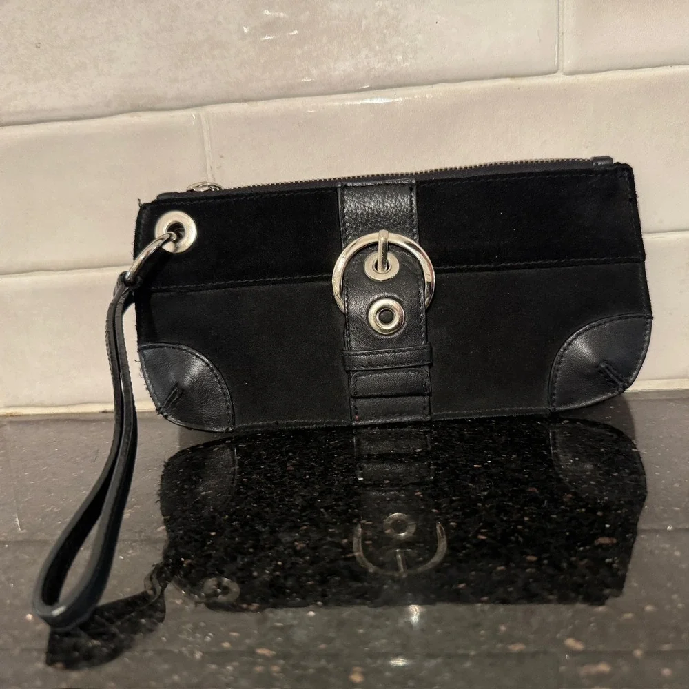 Black‎ Suede Leather Wristlet Clutch Bag Purse Buckle Detail Zip Top Moto Style